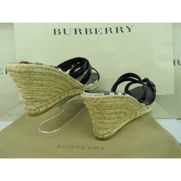 BURBERRY BLACK PATENT LEATHER CHECK LOGO SLIDE JUTE ESPADRILLE SANDALS 40 10 - Picture 11 of 14